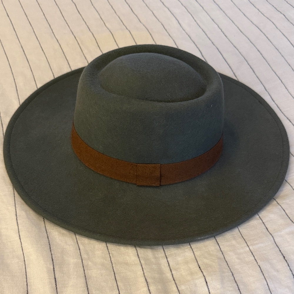 Lucca Couture Blue Green Felt Boater’s Hat with Suede Brown Band